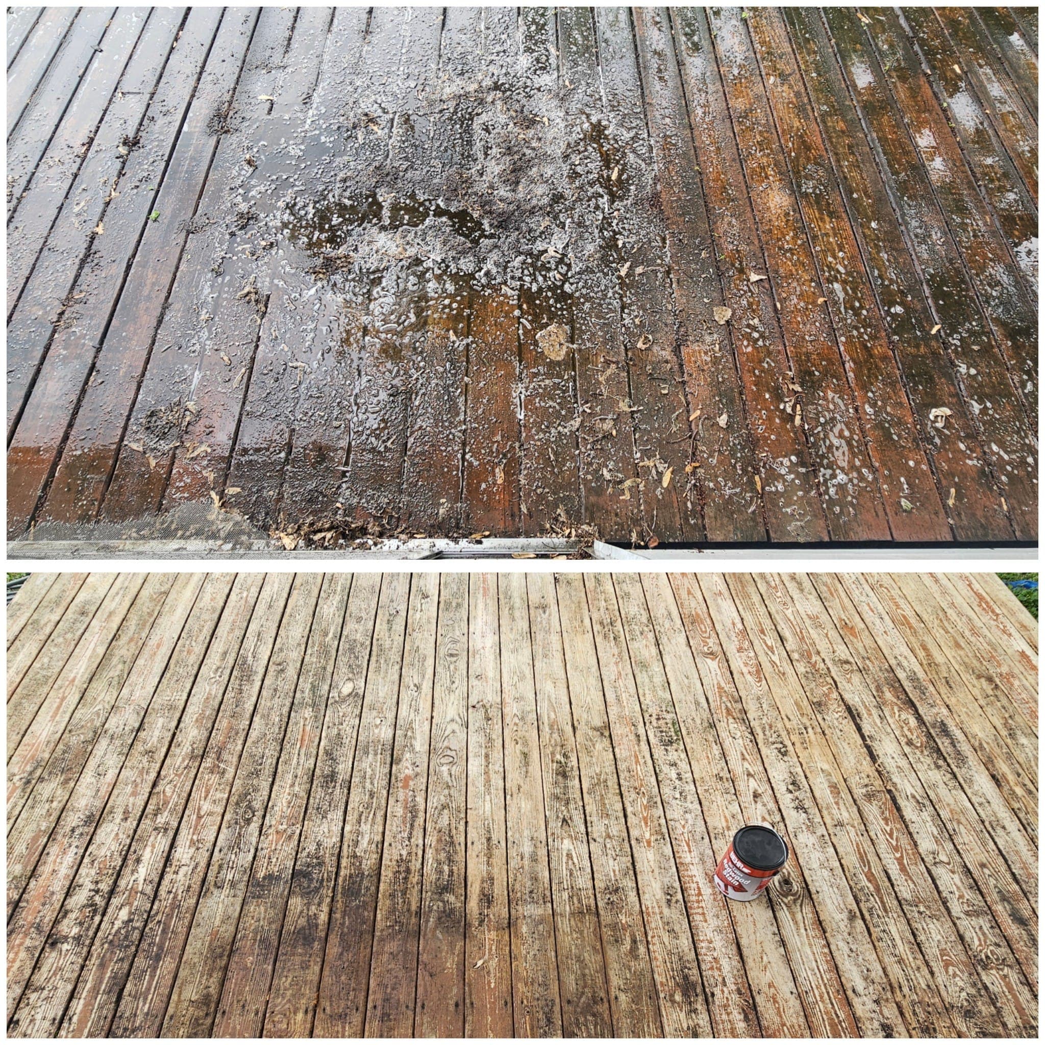 Wood deck surface weathered and stained before washing