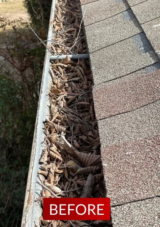 Open gutter channel packed with leaf debris before guard installation