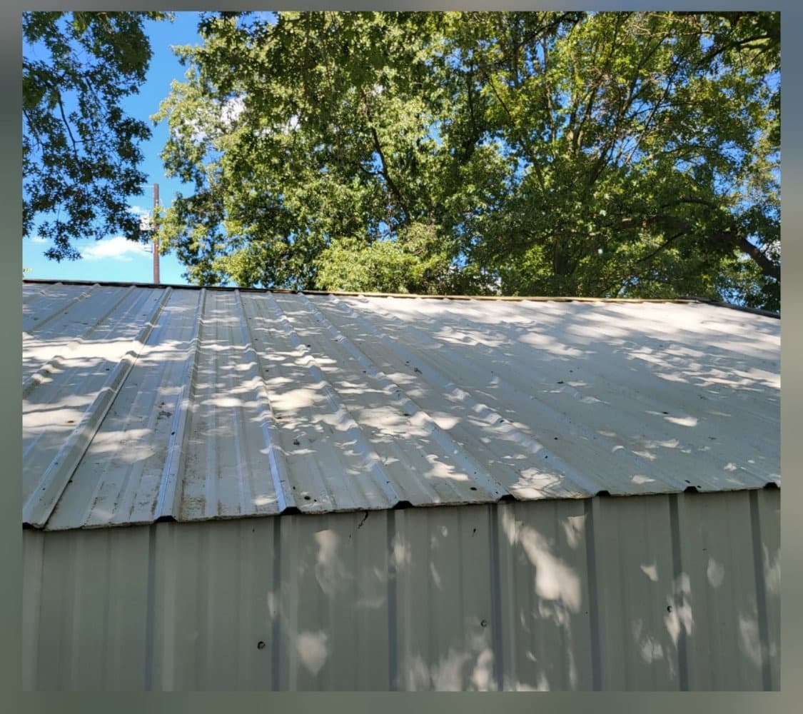 Metal panel roof cleaned and restored after soft wash treatment