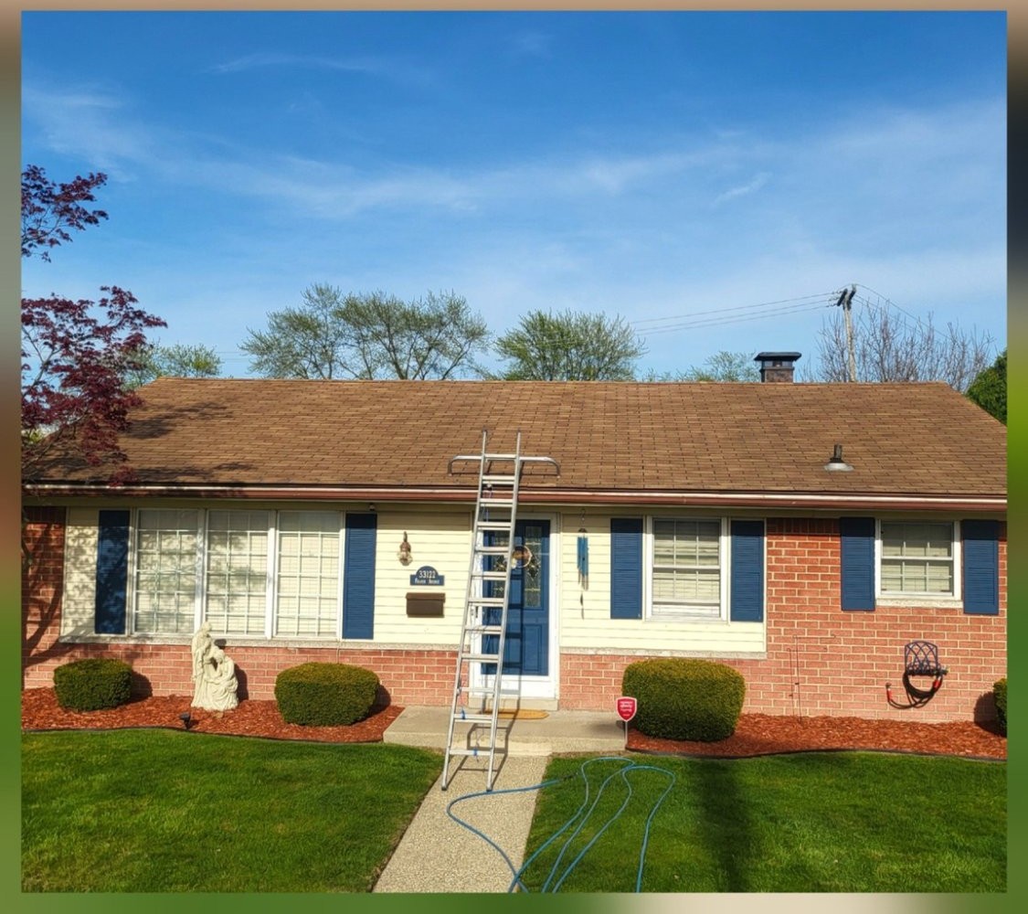 Residential roof with staining or organic growth before soft wash