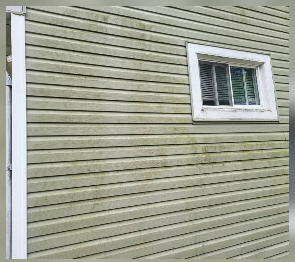 Sage-colored siding with algae and grime before cleaning, same angle as after